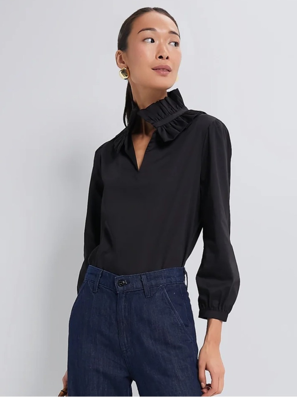 Tuckernuck Black Ruffle-Neck V-Slit Long-Sleeve Blouse